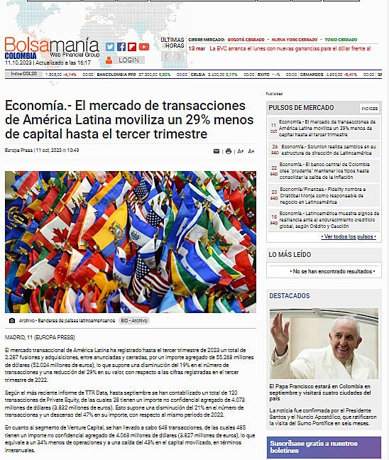 Economa.- El mercado de transacciones de Amrica Latina moviliza un 29% menos de capital hasta el tercer trimestre